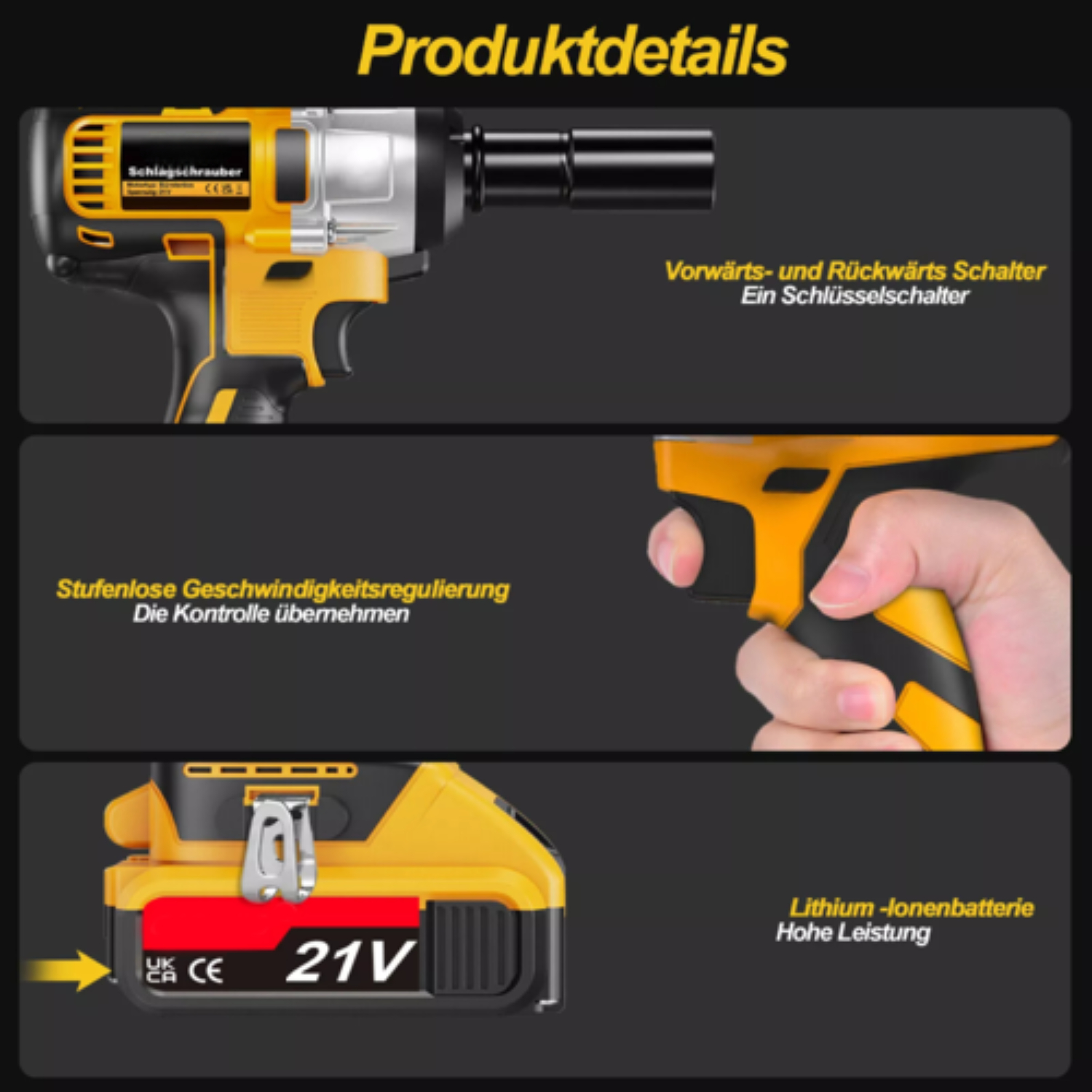 Details eines Schlagschraubers: Vorwärts-/Rückwärtsschalter, Drehzahlregelung und Akku.