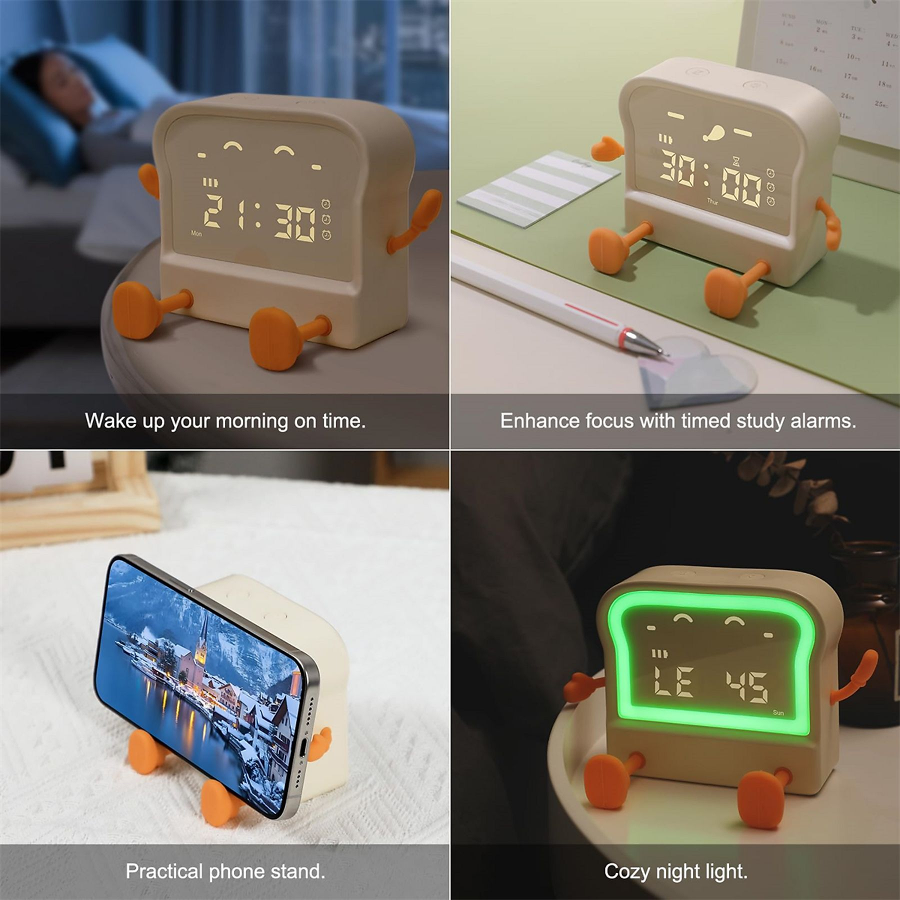 Vier Bilder einer Uhr in Toastform. Es ist ein Nachttischwecker mit verschiedenen Anzeigeeinstellungen.
