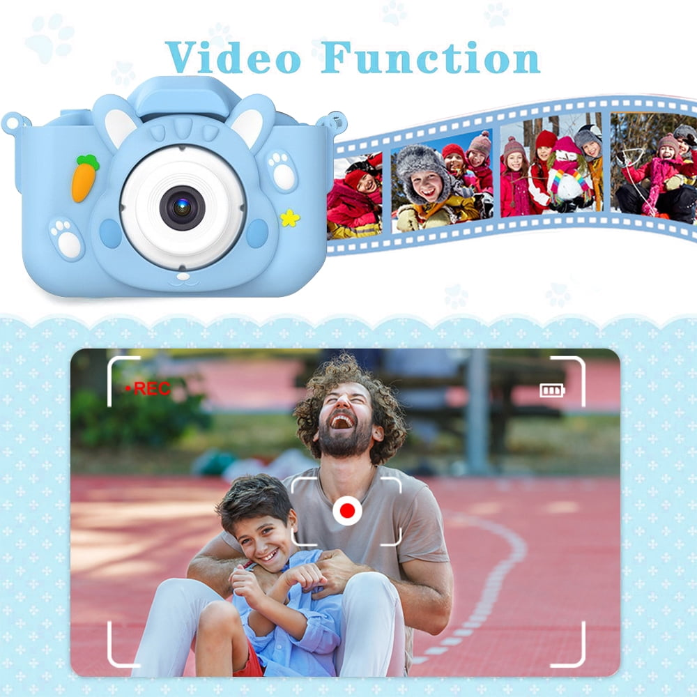 Eine blaue Spielzeugkamera mit Hasengesicht und Kinderbildern.