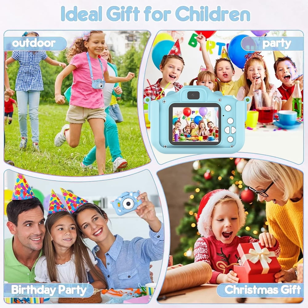 Eine Collage, die Kinder mit einer blauen Kamera in Outdoor-, Party- und Geschenkszenarien zeigt.