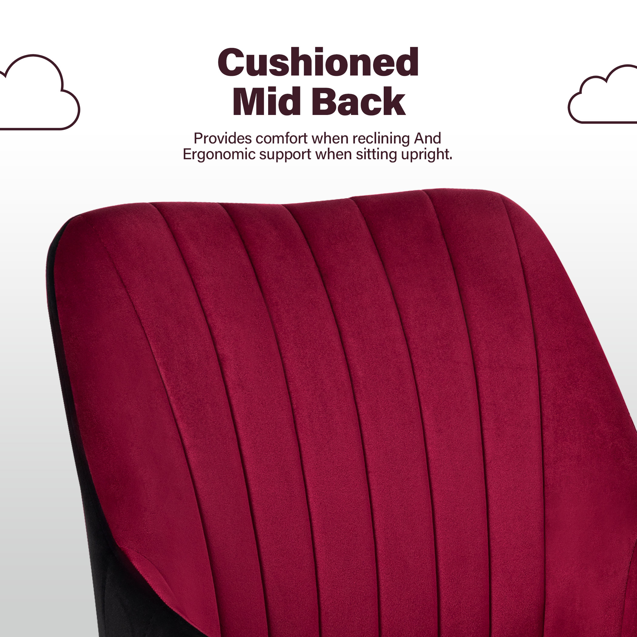 Nahaufnahme einer weinroten Stuhllehne. Text sagt 'Cushioned Mid Back', beschreibt Komfort.
