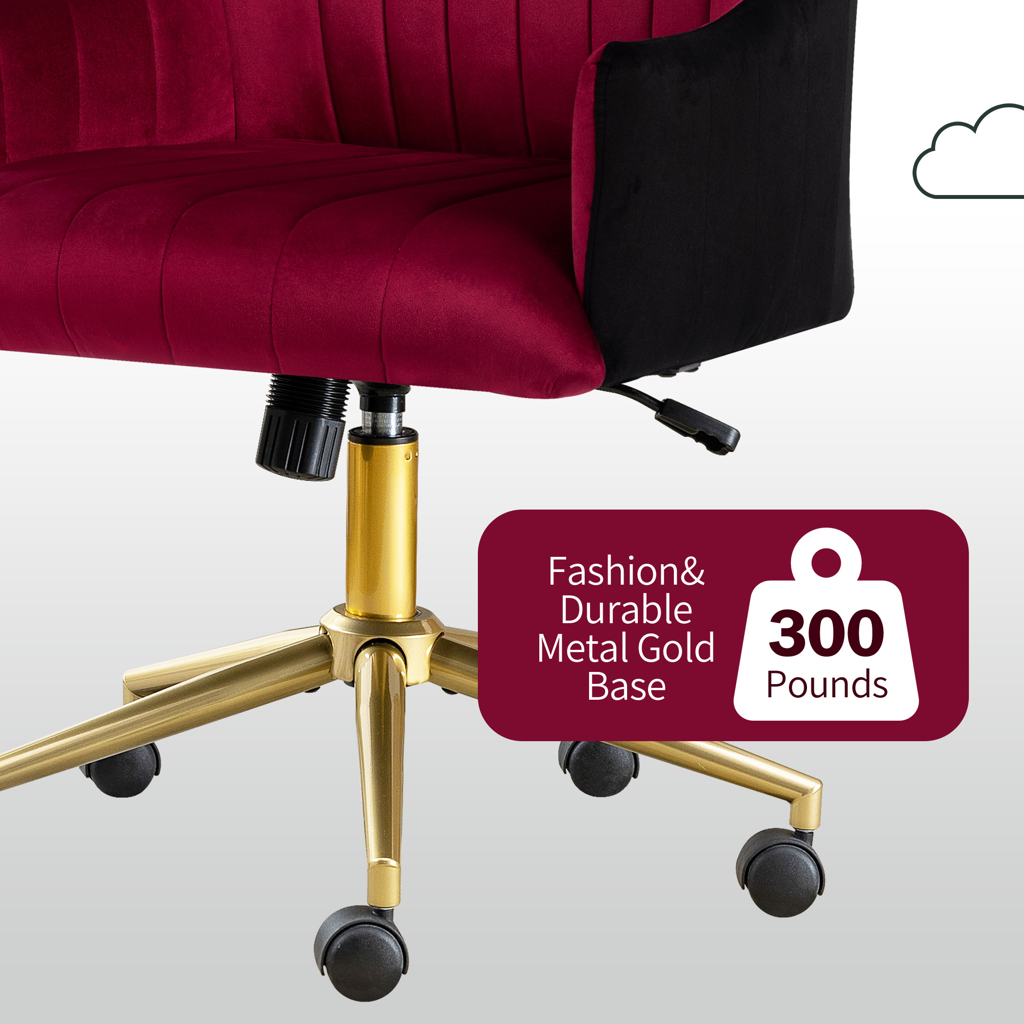 Bordeauxfarbener Bürostuhl mit goldener Basis. Merkmale: Modisch & langlebig, Metall-Gold-Basis, 300 Pfund Gewicht.