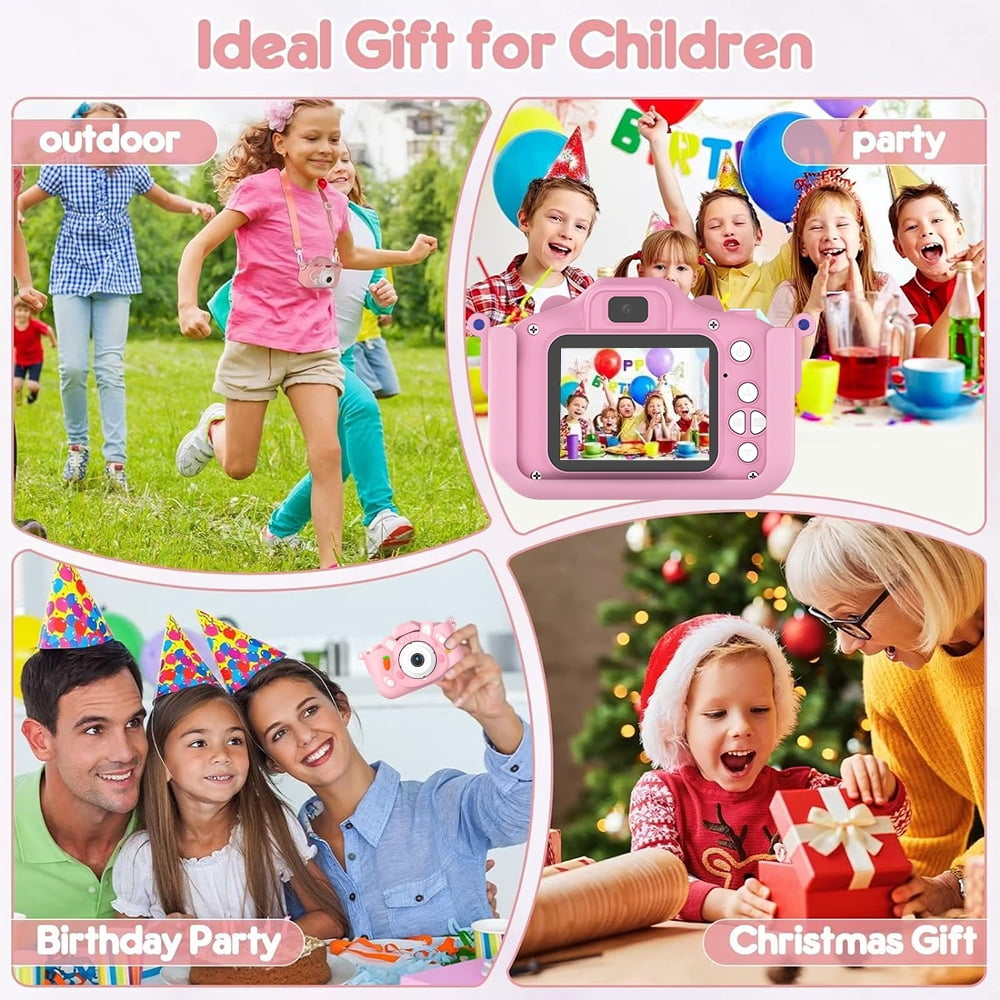 Collage von Kindern mit einer rosa Kamera in verschiedenen Szenarien: draußen, Party, Geburtstag und Weihnachten.