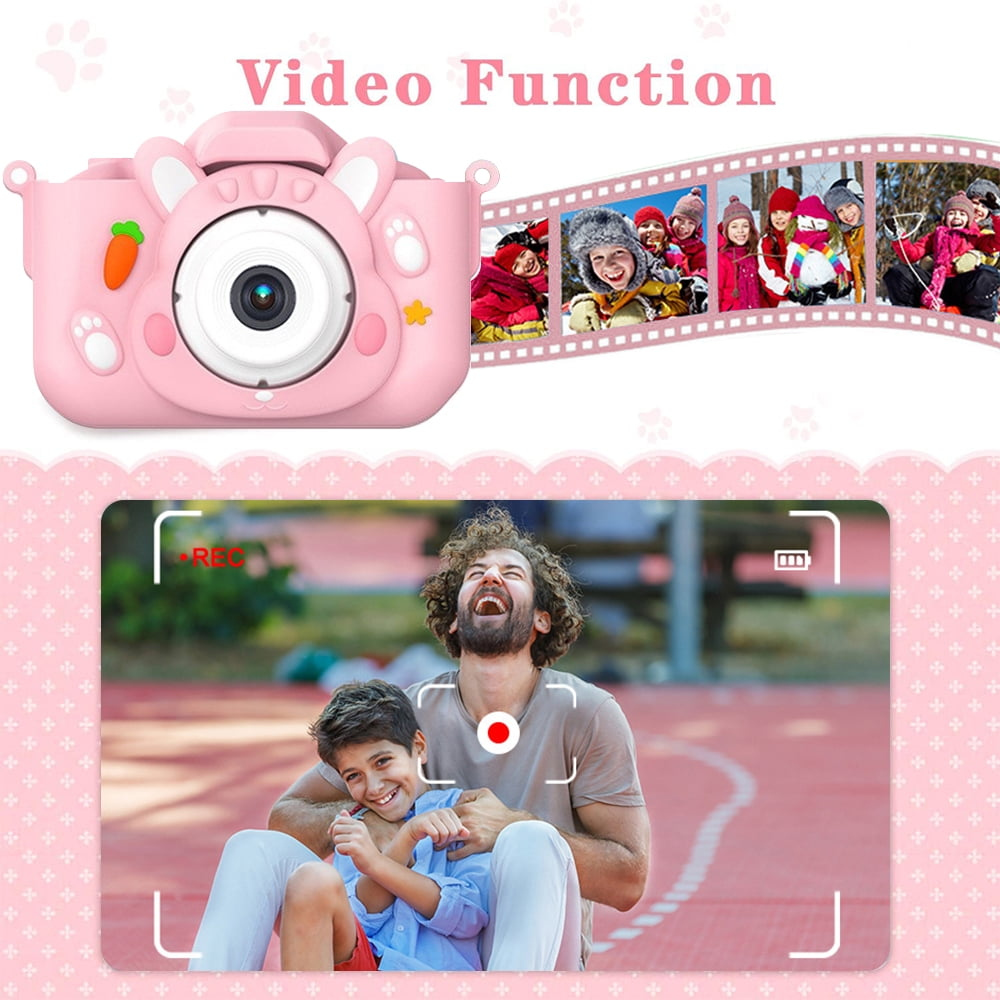 Eine rosa Hasenkamera mit LCD-Bildschirm und ein Foto von Vater und Sohn.