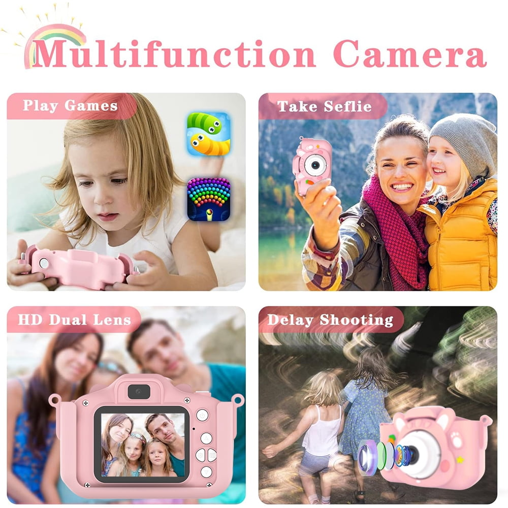 Eine rosa Kamera mit Kindern, die Spiele spielen, Selfies machen und Fotos schießen.