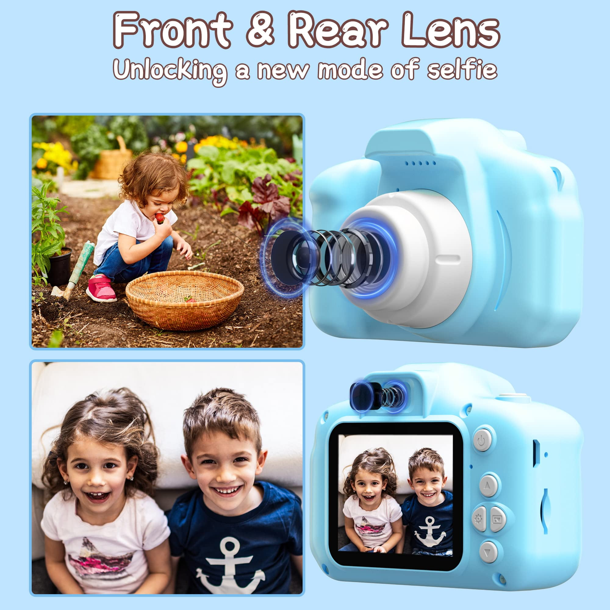 Blaue Spielzeugkamera mit Bildern von Kindern und dem Text 'Front & Rear Lens'.