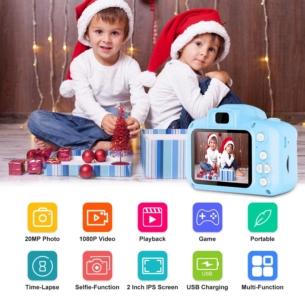 Zwei Kinder mit Weihnachtsmützen und einer blauen Kamera, mit Symbolen, weißer Hintergrund.