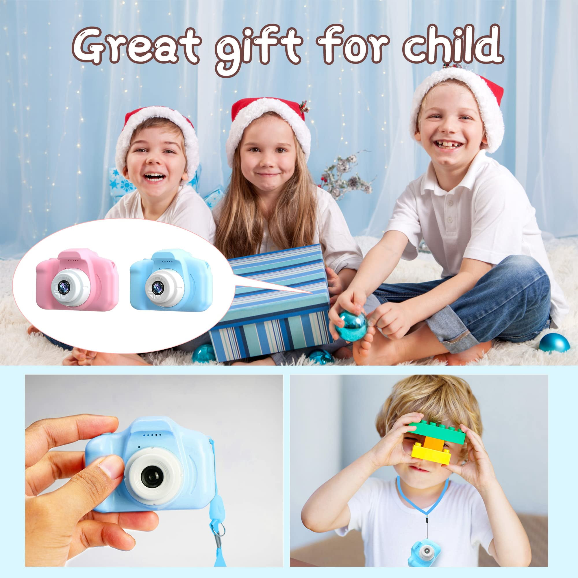Eine Sammlung kinderfreundlicher Kameras und Kinder mit Weihnachtsmützen.