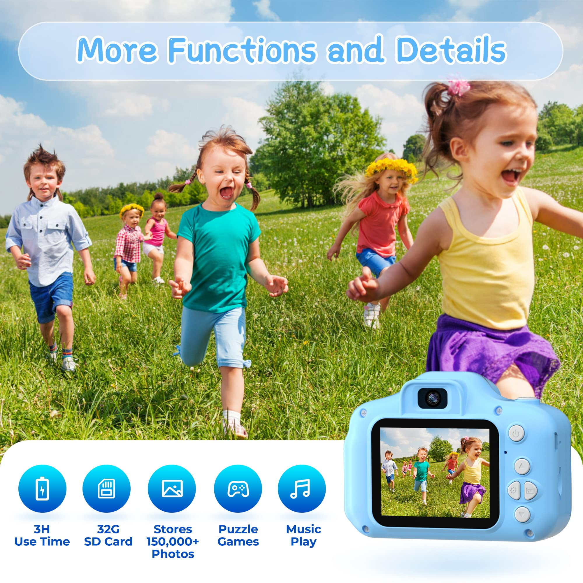 Kinder rennen auf Feld mit blauer Kamera. Kamera mit Display zeigt Kinder beim Spielen.