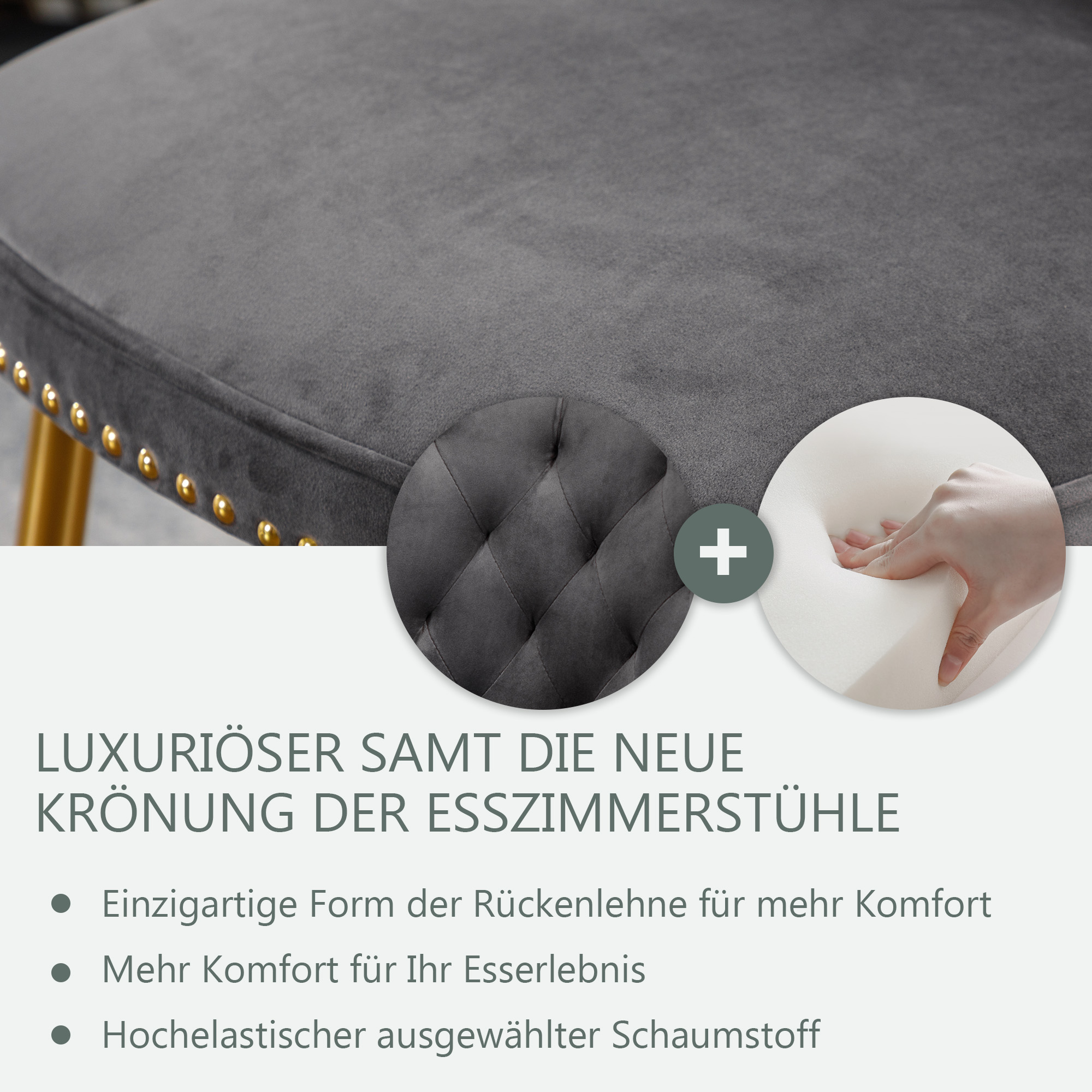 Grauer Samtstuhl mit goldenen Nieten. Nahaufnahme des Stuhls und einer Schaumstoffprobe.