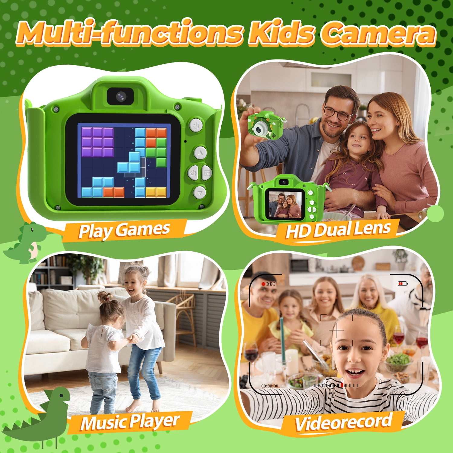 Collage: Kinderkamera zeigt Spiele, Dual-Objektiv-Ansicht, spielende Kinder und Video.