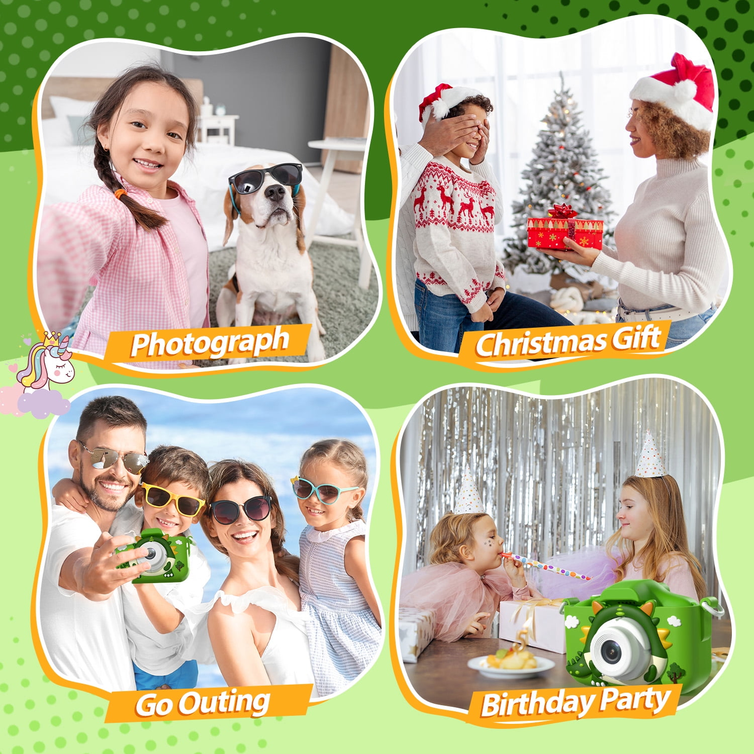 Vier Bilder: Selfie, Weihnachtsgeschenk, Familienausflug mit Kamera und Kindergeburtstag mit Kamera.