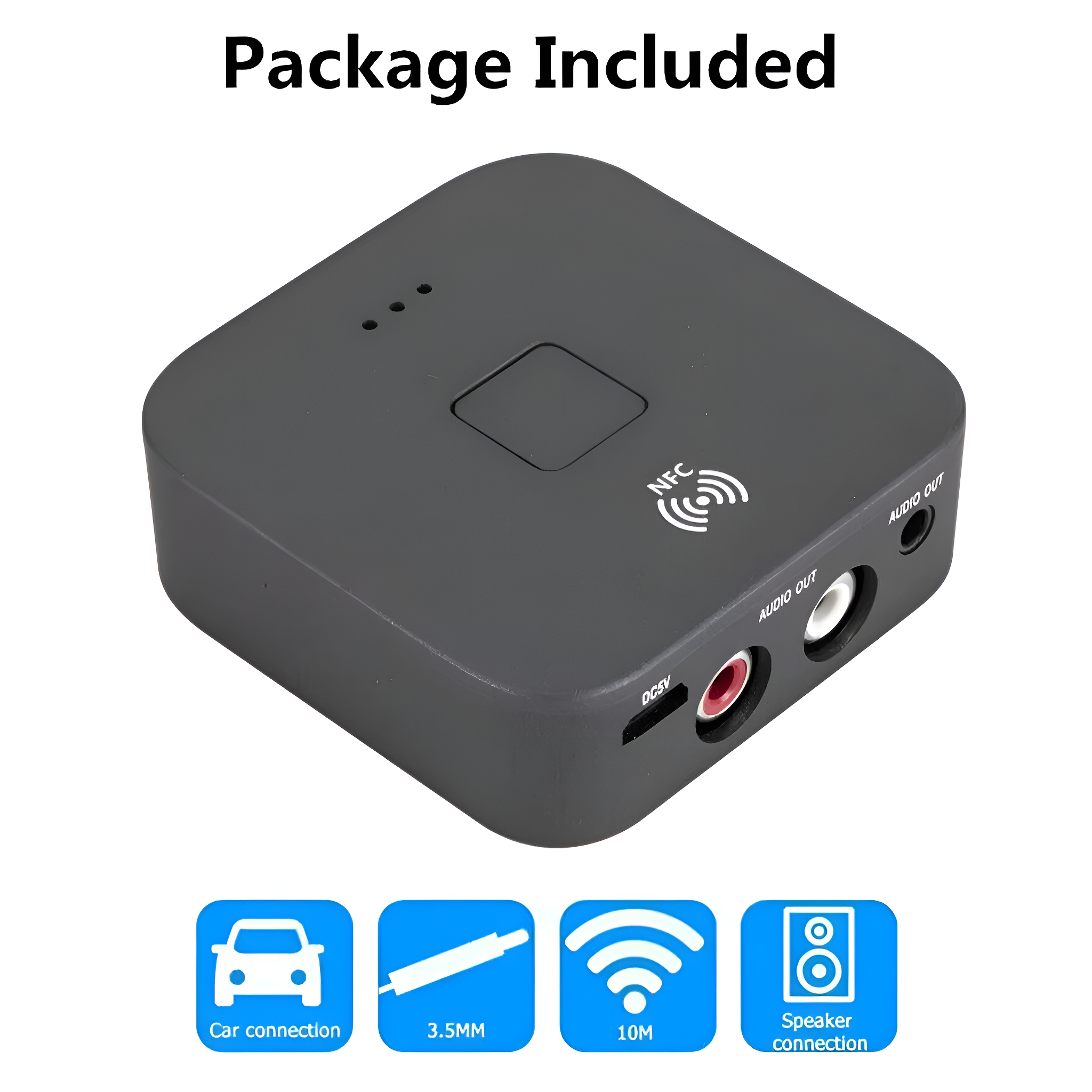 Schwarzes quadratisches Gerät mit Anschlüssen und Symbolen für Autoanschluss, 3,5 mm, WLAN und Lautsprecher.