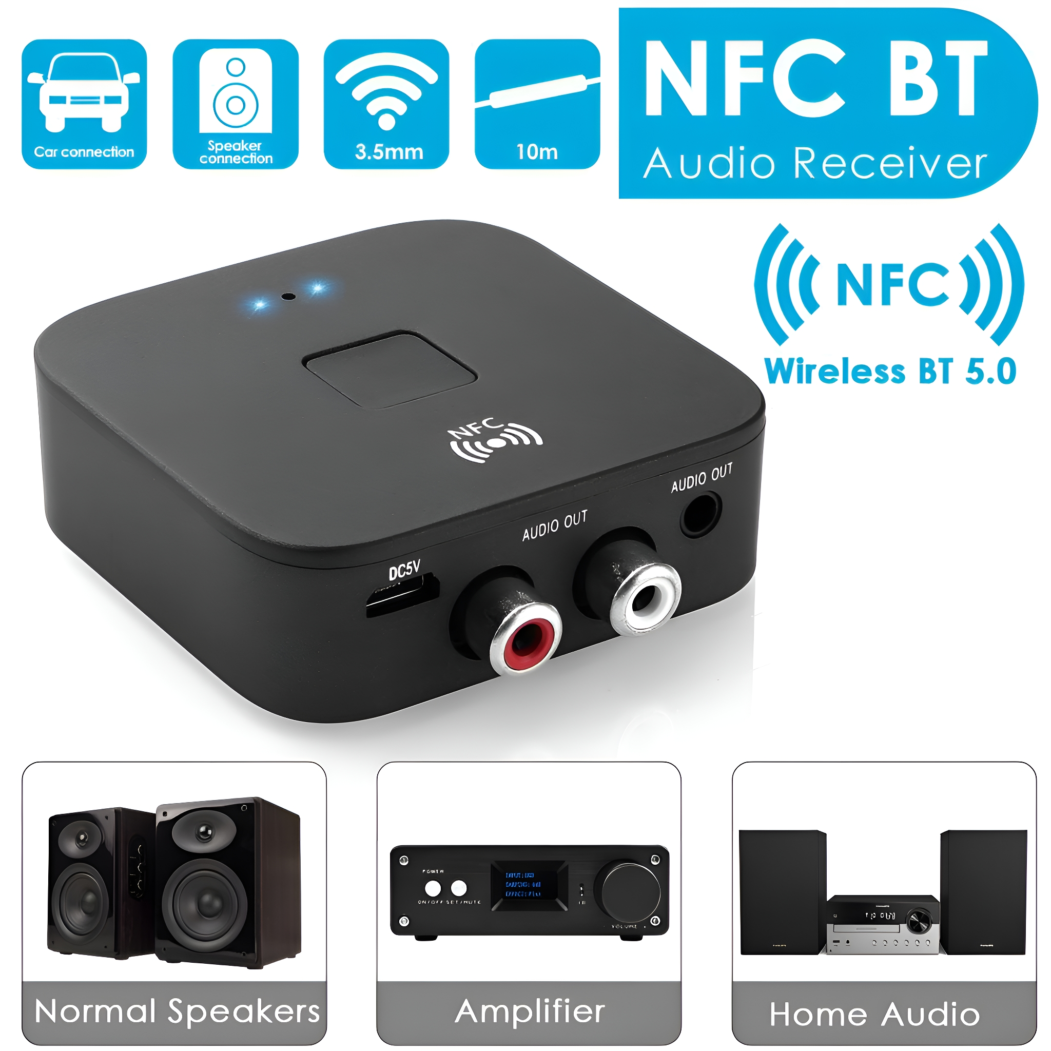 Schwarzer NFC BT Audio-Empfänger mit verbundenen Geräten: Lautsprecher, Verstärker.