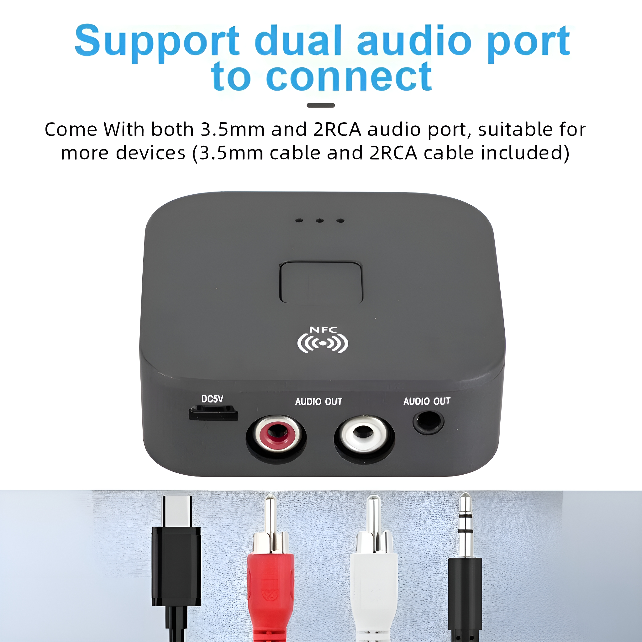 Schwarzes Gerät mit Audioanschlüssen und Kabeln. Text: Unterstützt Dual-Audio-Anschluss. Enthält 3,5-mm- und 2RCA-Anschlüsse.
