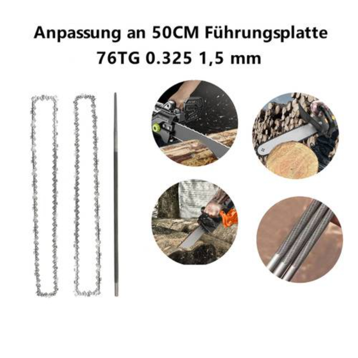 Bilder von Kettensägen-Teilen und -Verwendung, einschließlich einer Feile, Ketten und einer Person, die Holz schneidet.