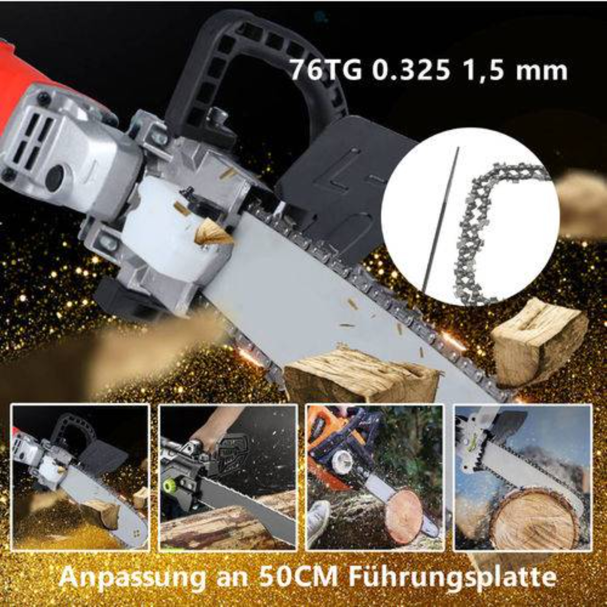 Eine Kettensäge mit Holzblock und zusätzlichen Bildern der Kettensäge in Gebrauch. Glitzernder Hintergrund.