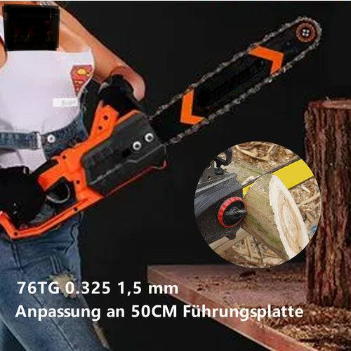 Person hält eine Kettensäge. Der Text auf dem Bild lautet: 76TG 0,325 1,5 mm.