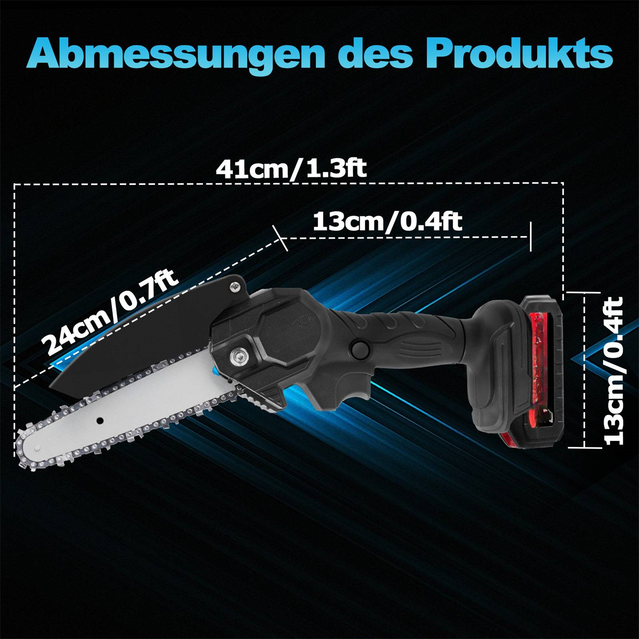 Eine schwarze und graue Kettensäge mit in cm und ft beschrifteten Abmessungen vor blauem Hintergrund.