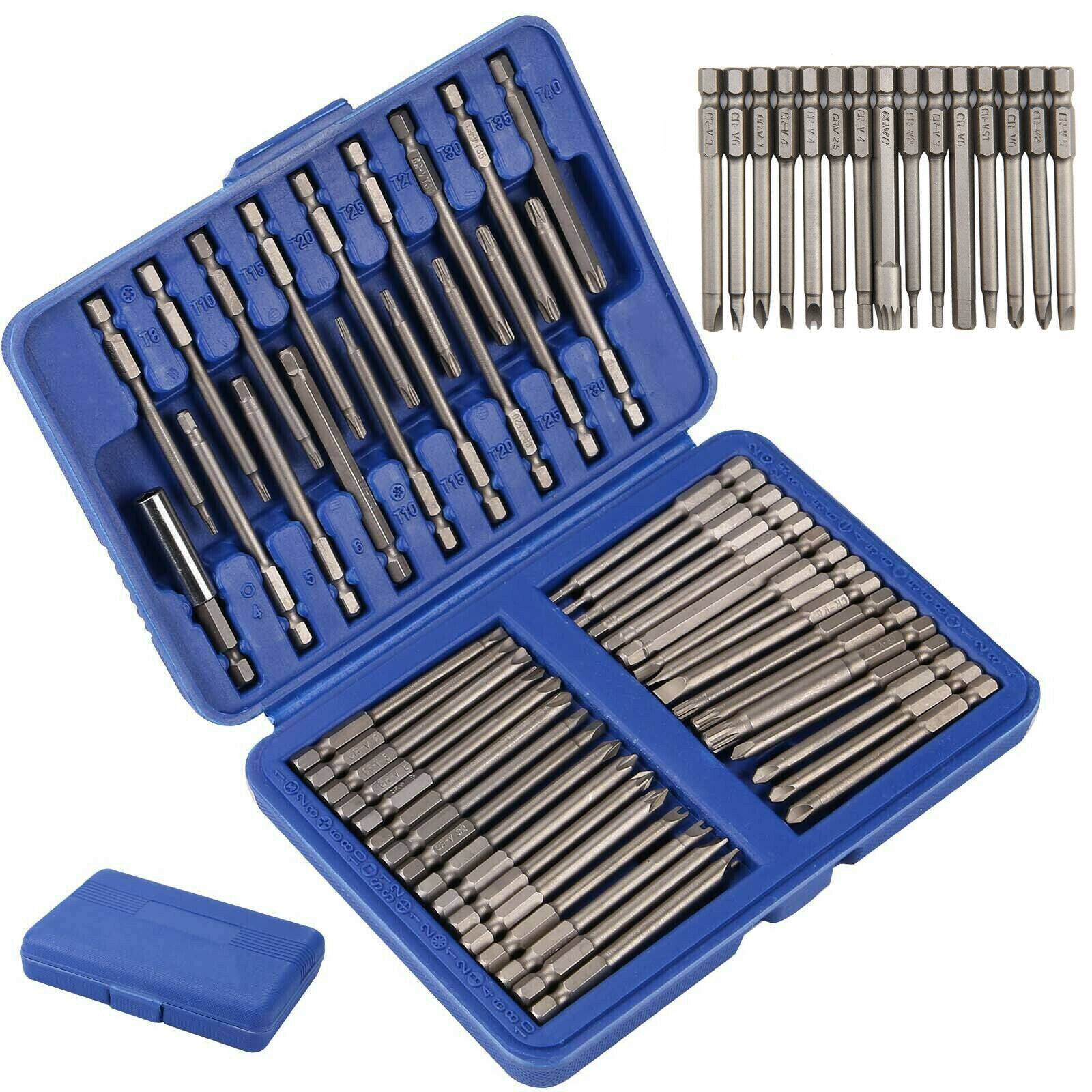 Blaue Box geöffnet, Schraubendreher-Bits. Bits sind silber. Eine kleine blaue Box befindet sich links.
