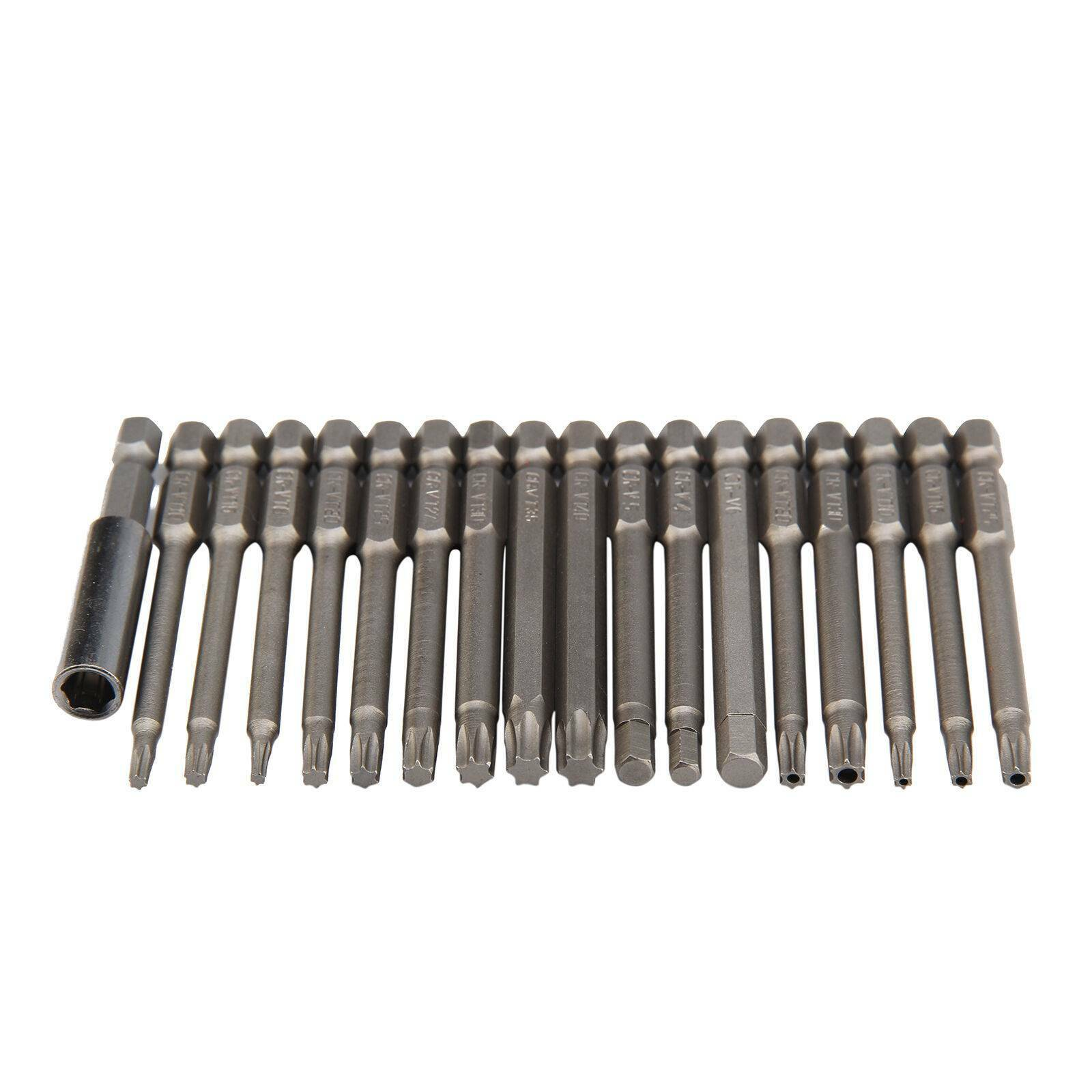 Satz Torx-Schraubendreher-Bits in einer Reihe. Ein Halter ist links. Die Bits sind grau.