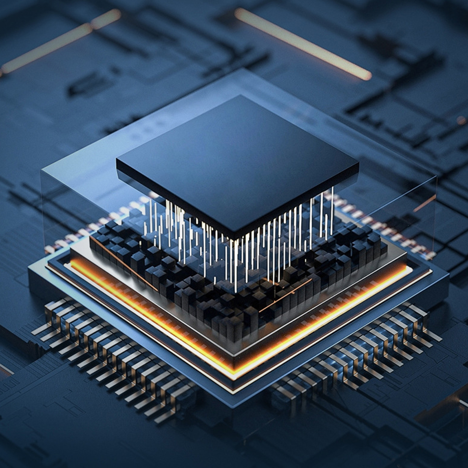 Nahaufnahme eines Computerchips. Zeigt Schaltkreise und ein schwarzes Quadrat.