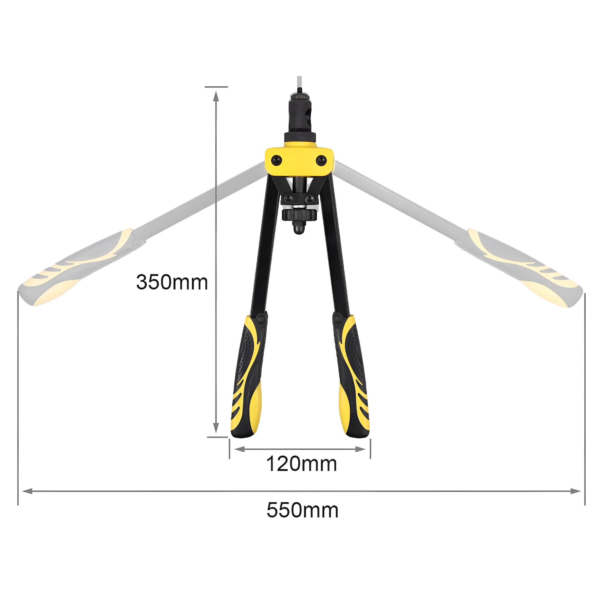 Werkzeug mit gelb-schwarzen Griffen. Maße sind angegeben: 350 mm, 120 mm, 550 mm.