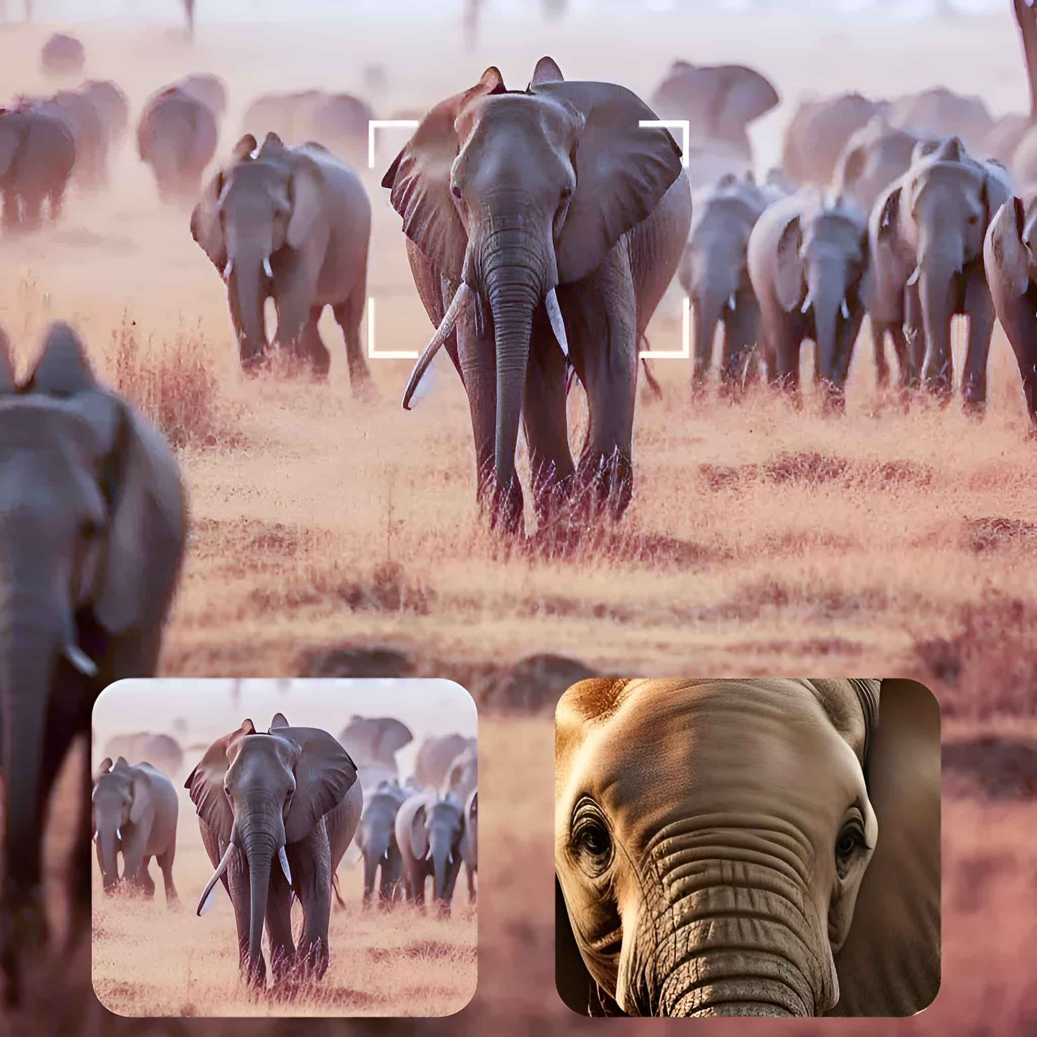 Elefanten auf einem Feld. Eine Herde Elefanten geht auf die Kamera zu. Der Hintergrund ist unscharf.