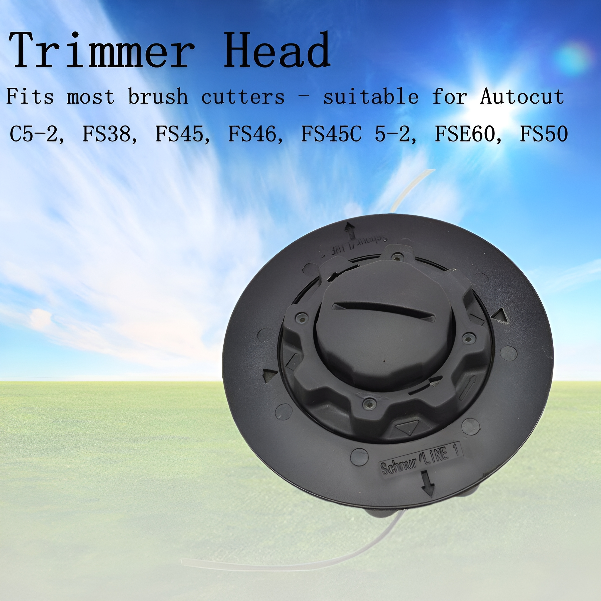 Schwarzer Trimmerkopf auf grünem Feld, blauer Himmel im Hintergrund. Text: Trimmerkopf.