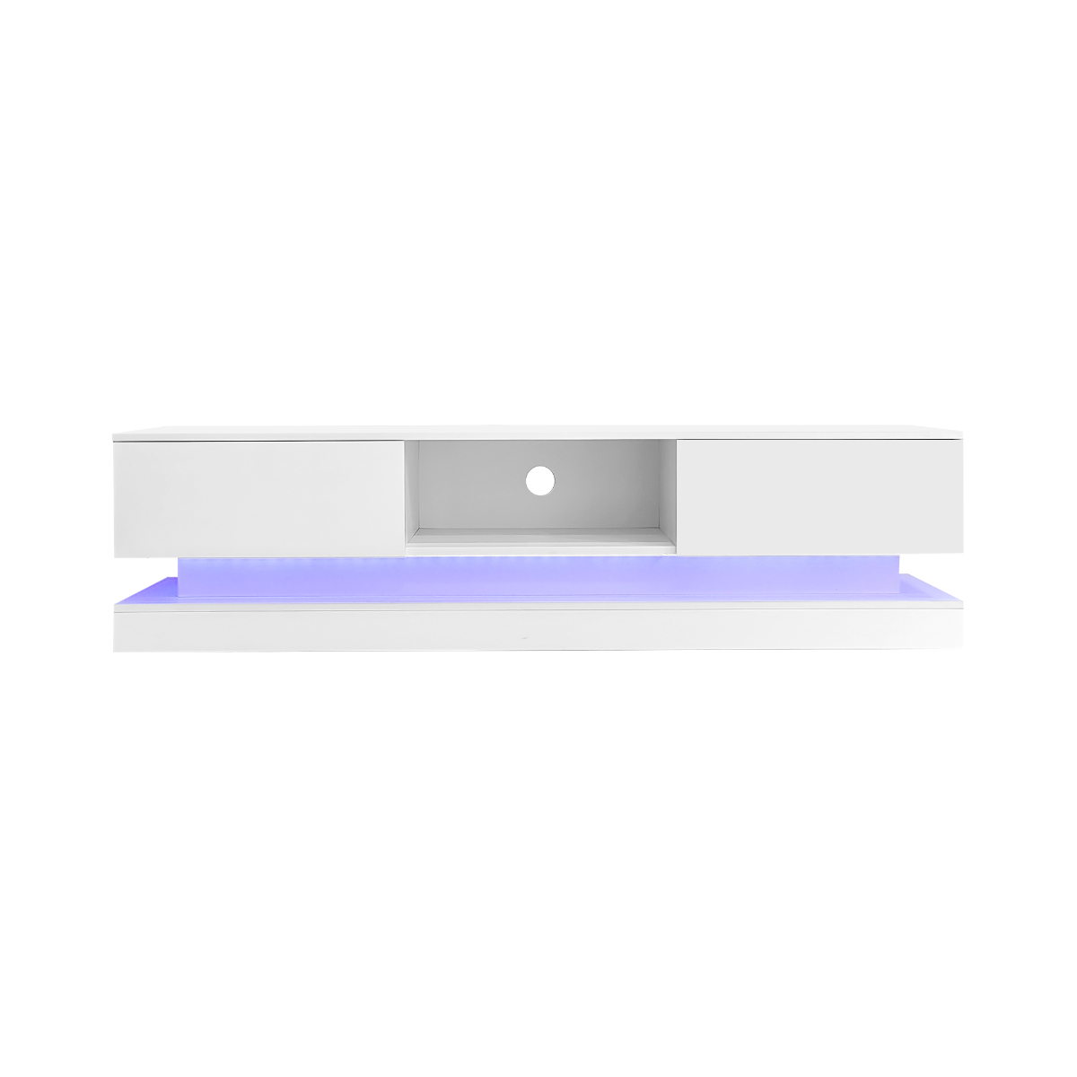 Ein weißer, moderner TV-Ständer mit einem blauen LED-Lichtstreifen am unteren Rand.