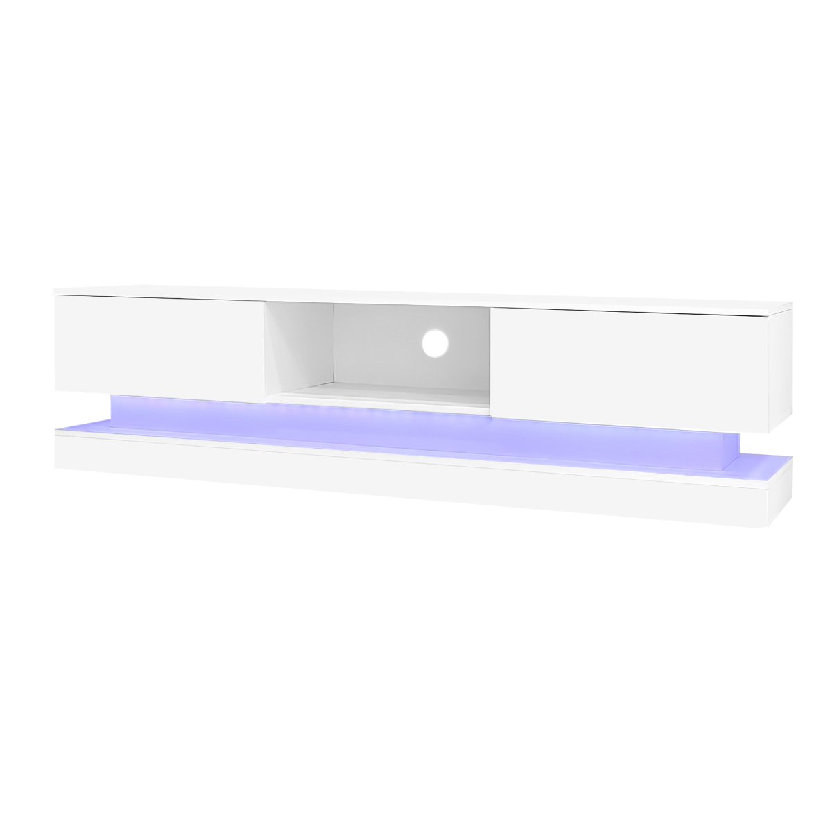 Weißes, schwebendes TV-Möbel mit zentralem offenem Bereich und blauer LED-Beleuchtung.