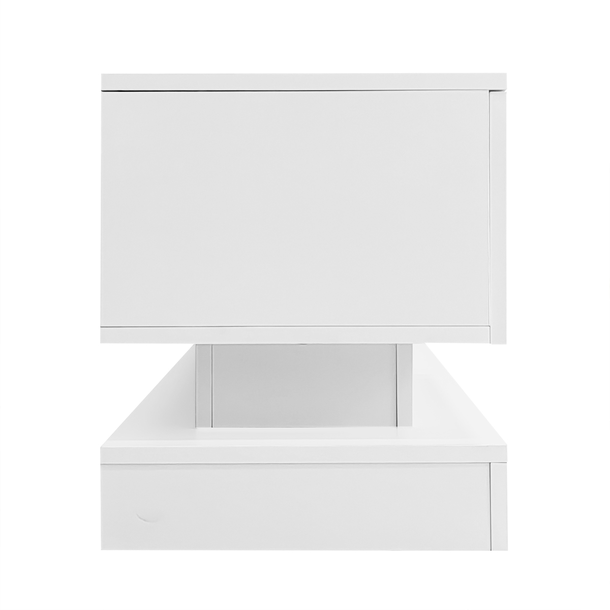 Weißer Schrank. Zweischichtiges Design mit rechteckiger Ober- und Unterseite, auf weißem Hintergrund.