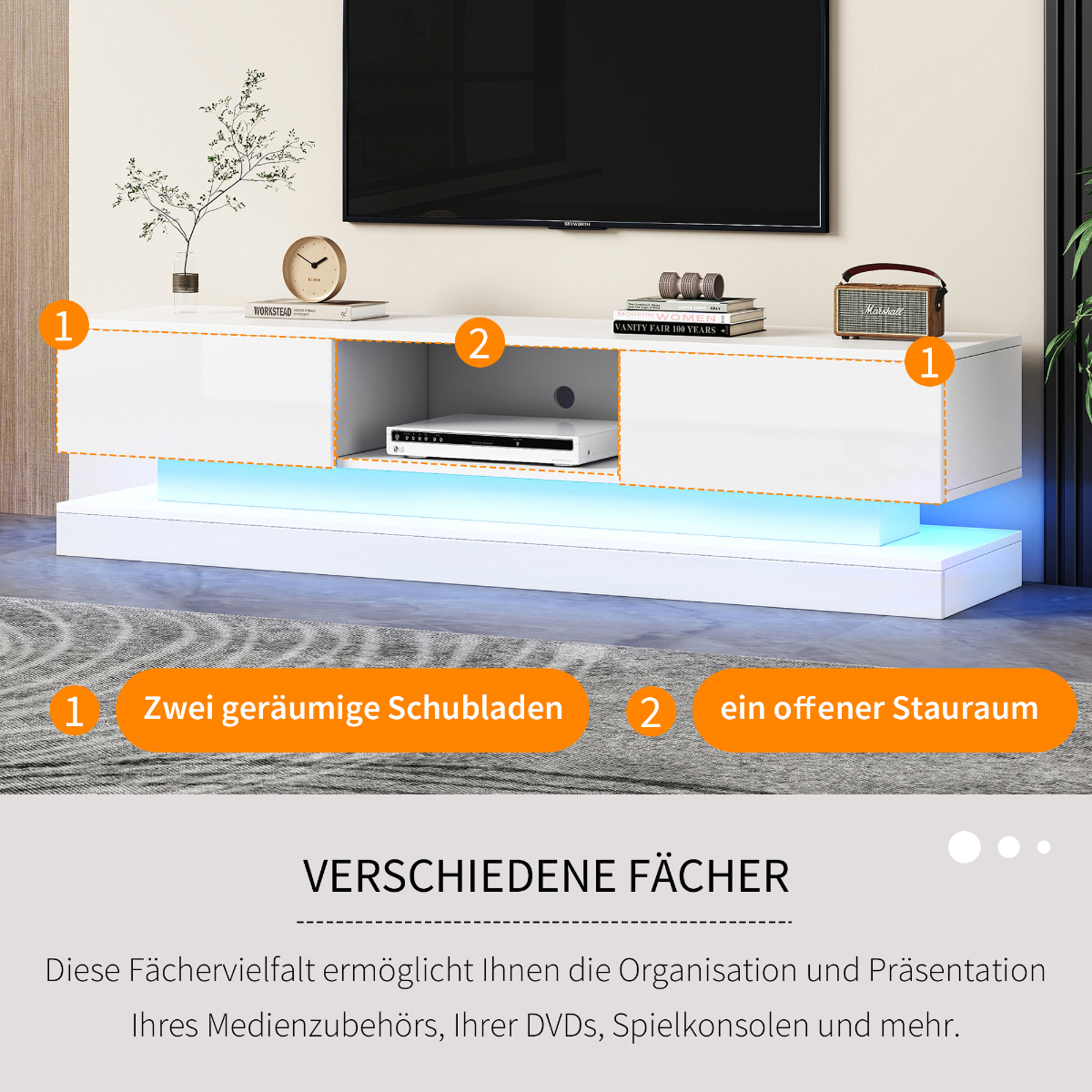Ein weißer TV-Ständer mit einem weißen Schrank und blauen LED-Leuchten.