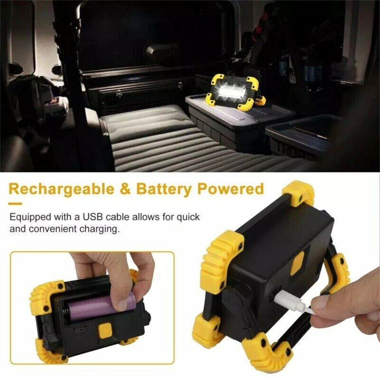 Eine schwarz-gelbe Arbeitsleuchte mit Batteriefach und USB-Ladeanschluss.