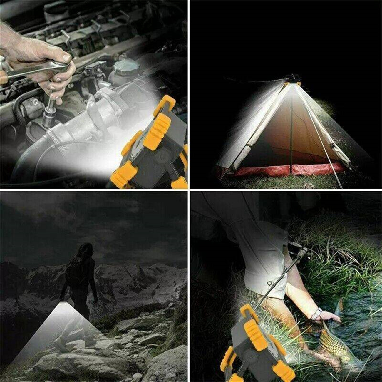 Eine Collage von Bildern, die eine Taschenlampe im Einsatz zeigen: Autoreparatur, Camping, Wandern und Angeln bei Nacht.
