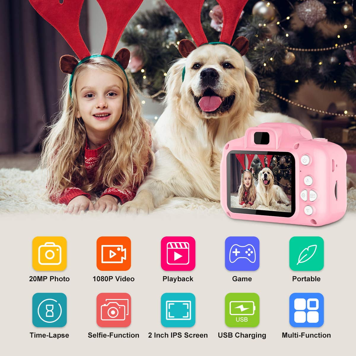 Zwei Kinder und ein Hund mit einer rosa Kamera, die ein Bild zeigt. Symbole für Kamerafunktionen.