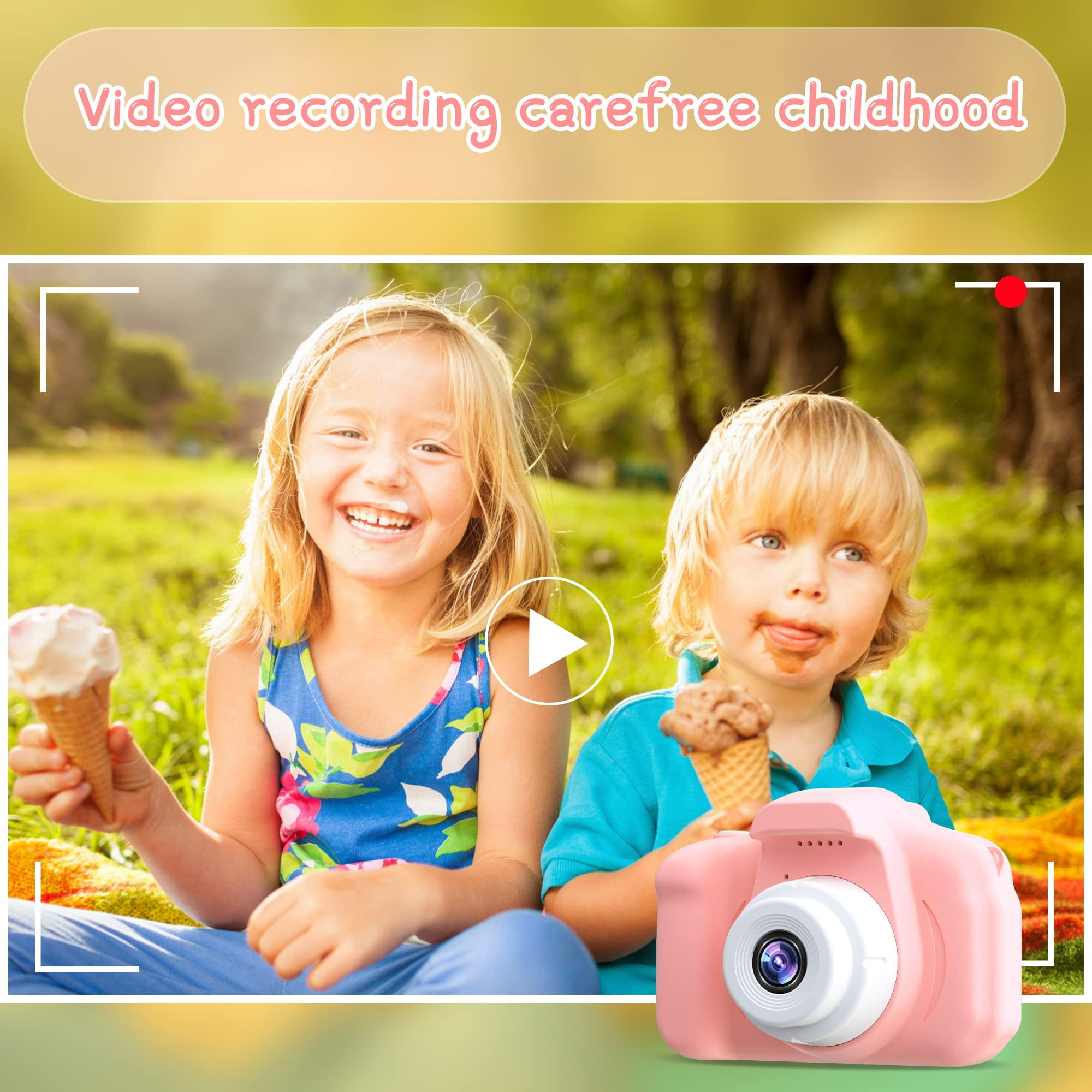 Zwei Kinder mit Eis, eines mit einer rosa Kamera, und Text darüber.