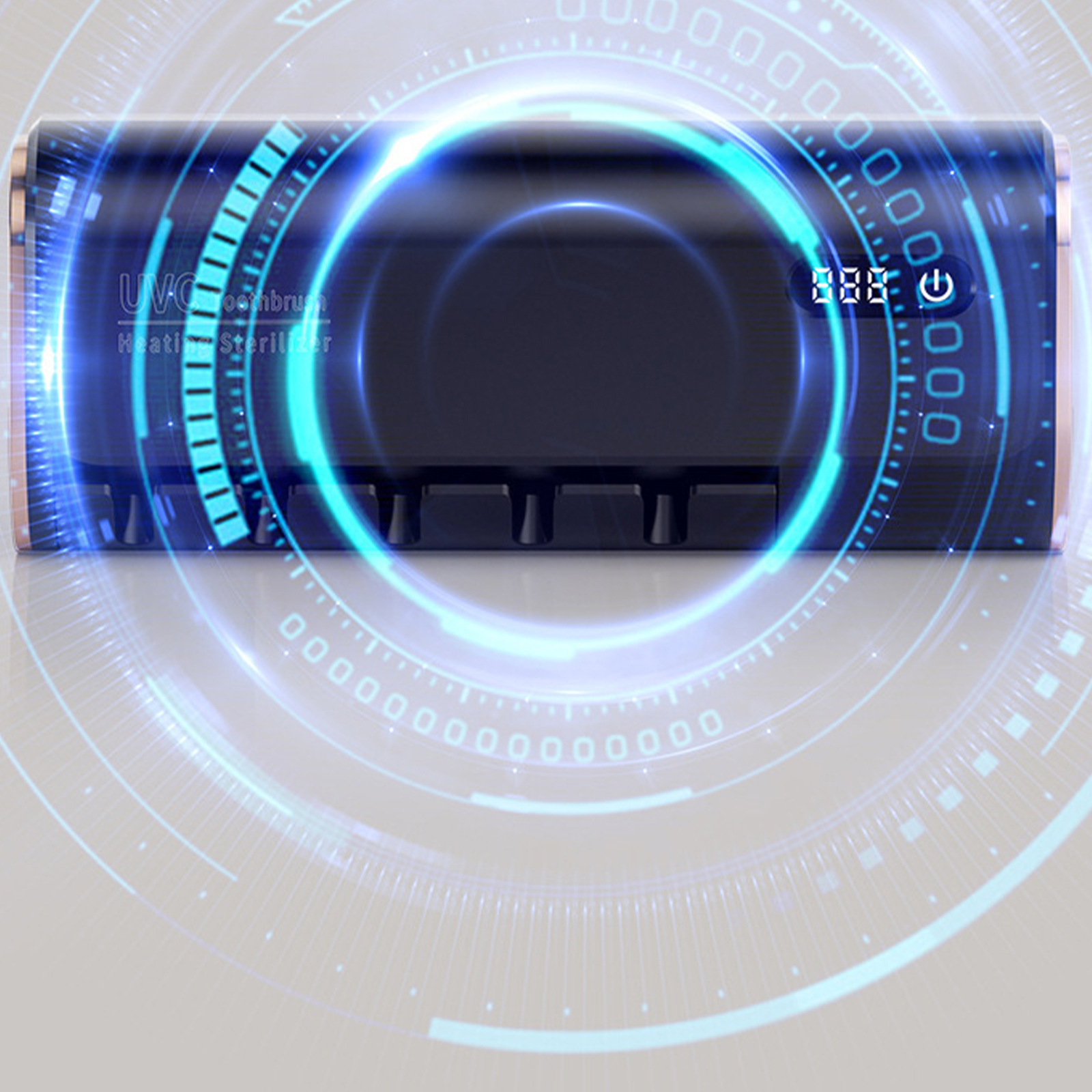 Ein schwarzer Zahnbürstensterilisator mit digitaler Anzeige und blauen Lichteffekten, die ihn umgeben.