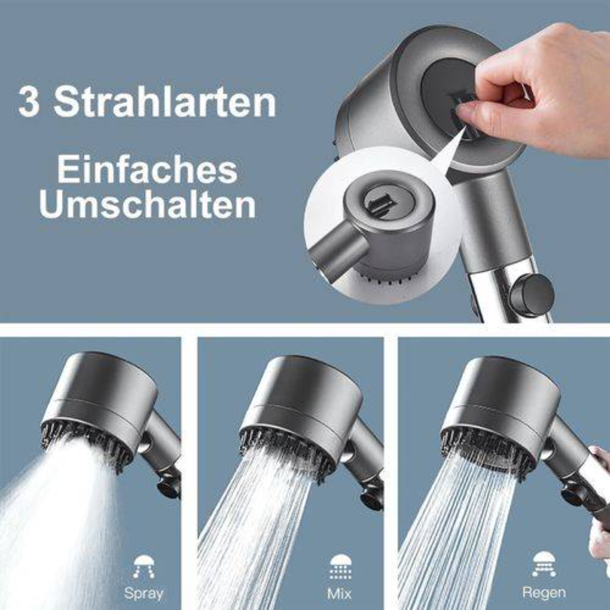 Silberner Duschkopf mit Sprühoptionen: Spray, Mix und Regen. Die Hand stellt die Einstellung ein.