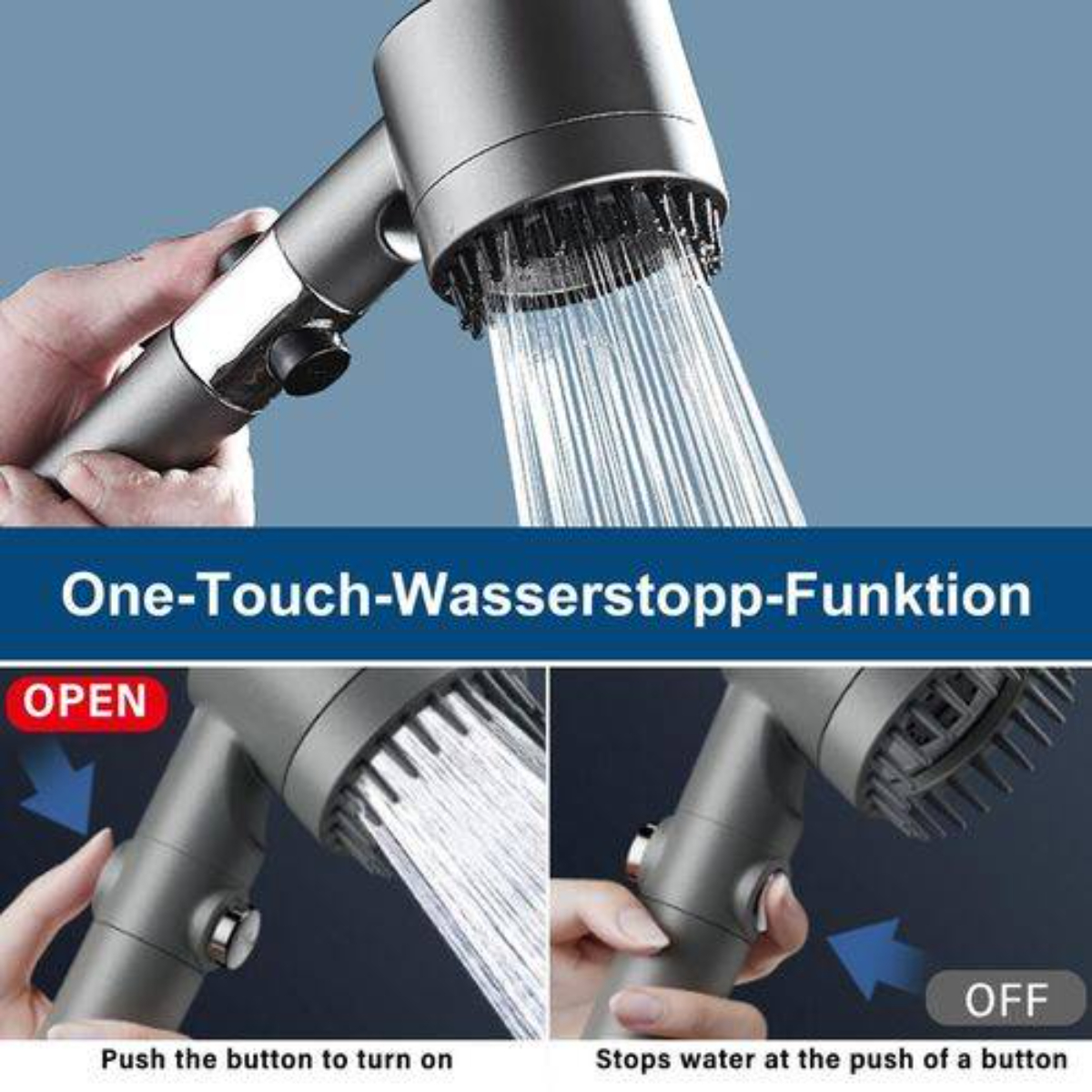 Ein Duschkopf mit fließendem Wasser. Er hat einen Knopf zum Ein- und Ausschalten des Wassers. Der Wasserstrahl ist sichtbar.