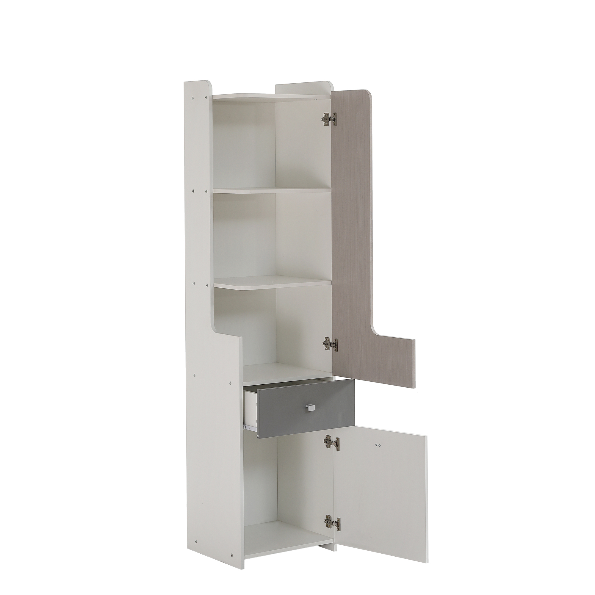 Ein weiß-grauer Schrank mit offenen Türen, der Regale und eine Schublade zeigt.