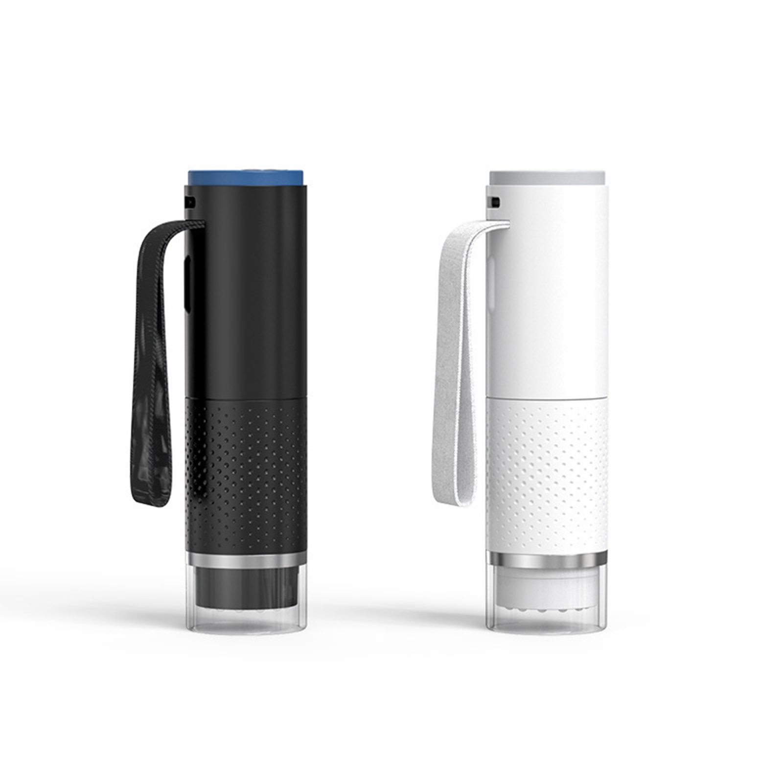Zwei tragbare Vaporizer, schwarz mit blauem Deckel und weiß mit grauem Deckel, Seitenansicht. Weißer Hintergrund.
