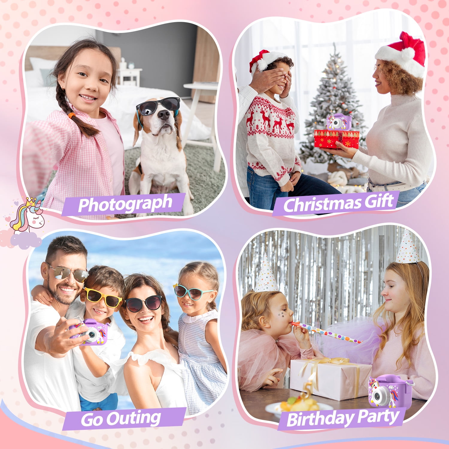 Fotos von Kindern, die eine Kamera zum Fotografieren, Geschenke erhalten, ausgehen und auf einer Party sind.