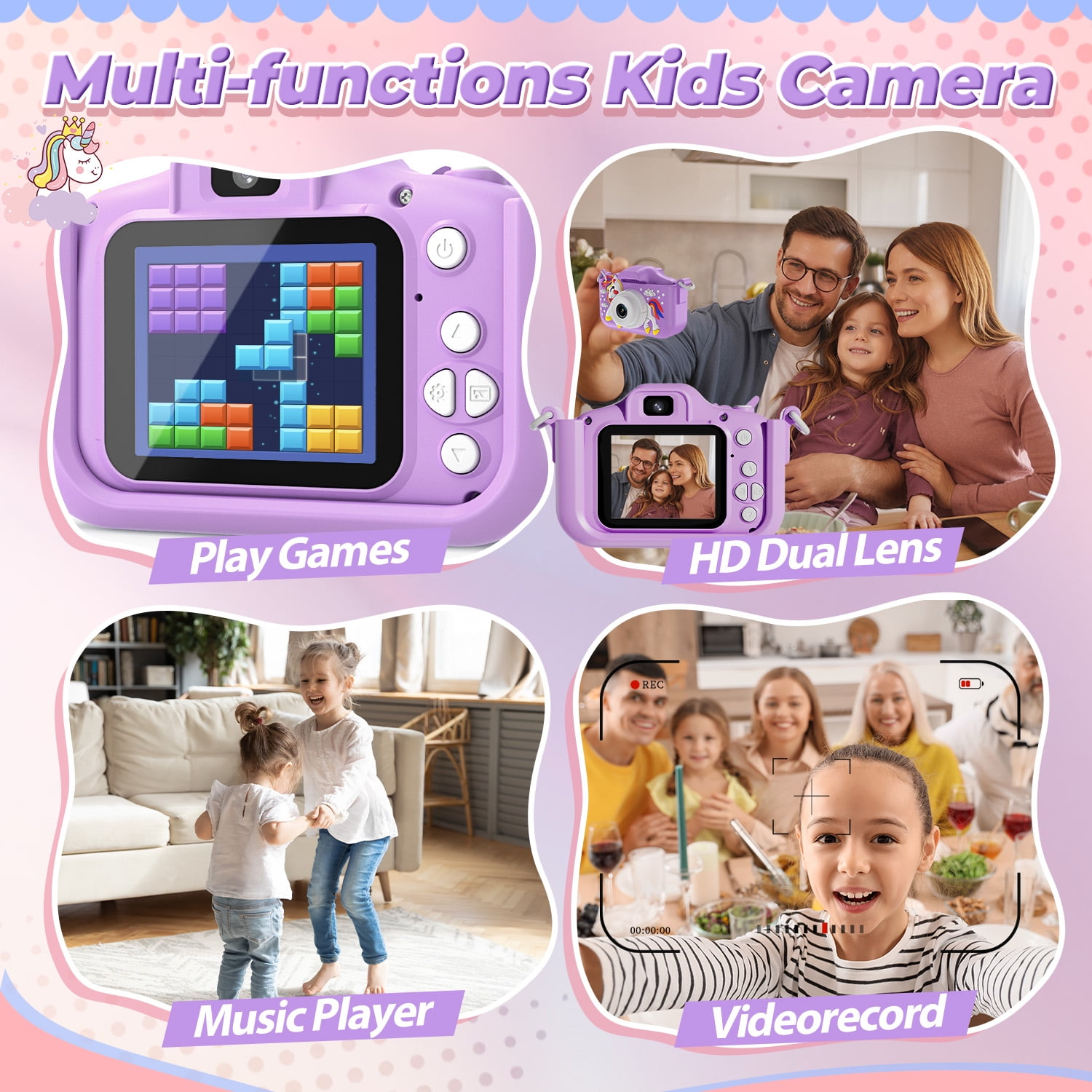 Eine lila Kinderkamera. Das Bild zeigt eine Kamera mit Spiel, Familienfotos, spielenden Kindern und Videoaufzeichnung.
