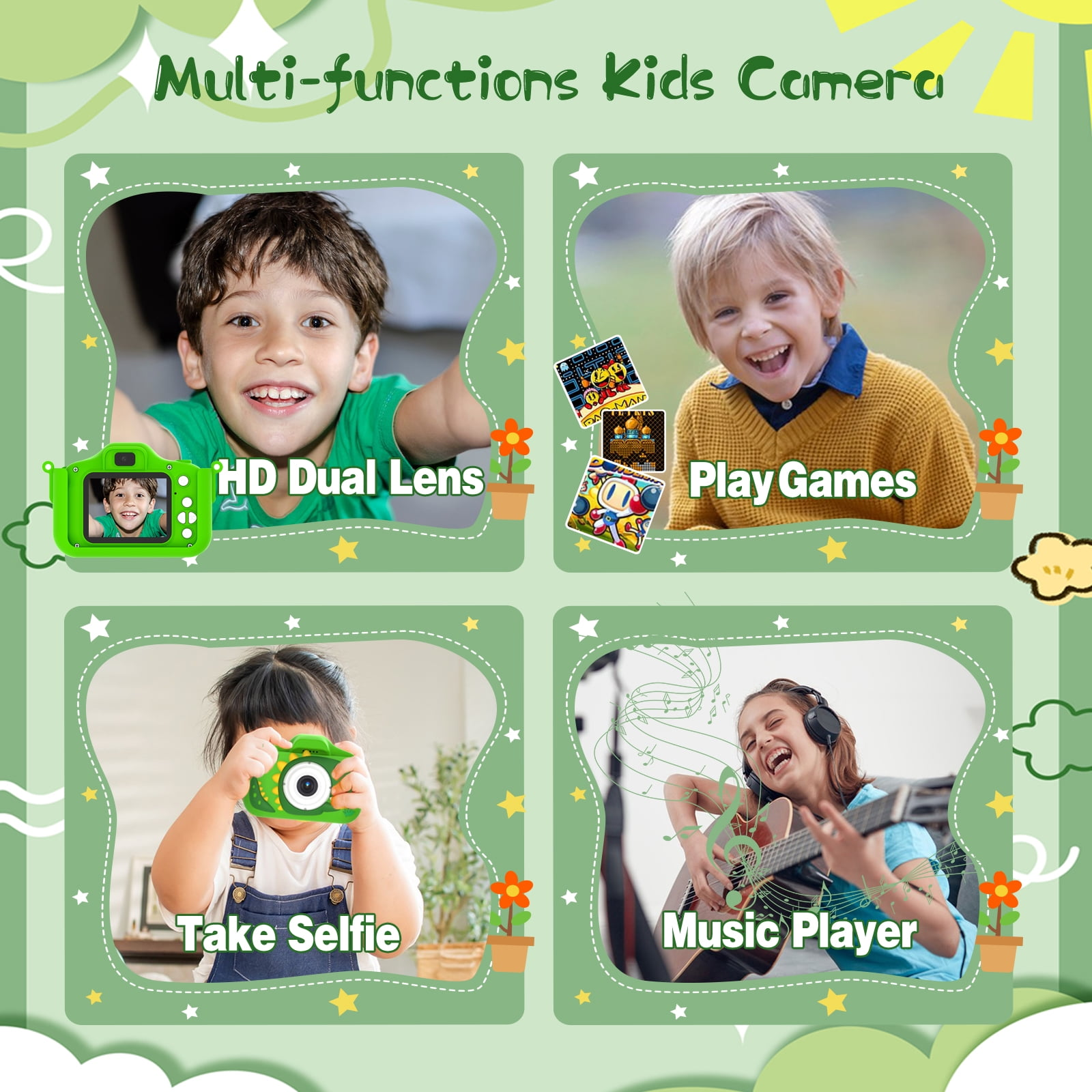 Werbung für Kinderkamera. Kinder mit Kamera, Karten und Gitarre. Grüne Kamera mit Doppellinse.