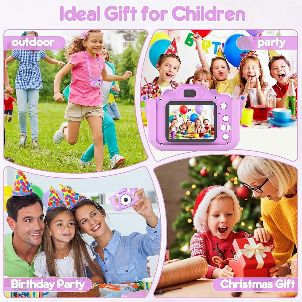 Kinder, die eine rosa Kamera in verschiedenen Umgebungen benutzen, einschließlich Outdoor, Party und Weihnachten.