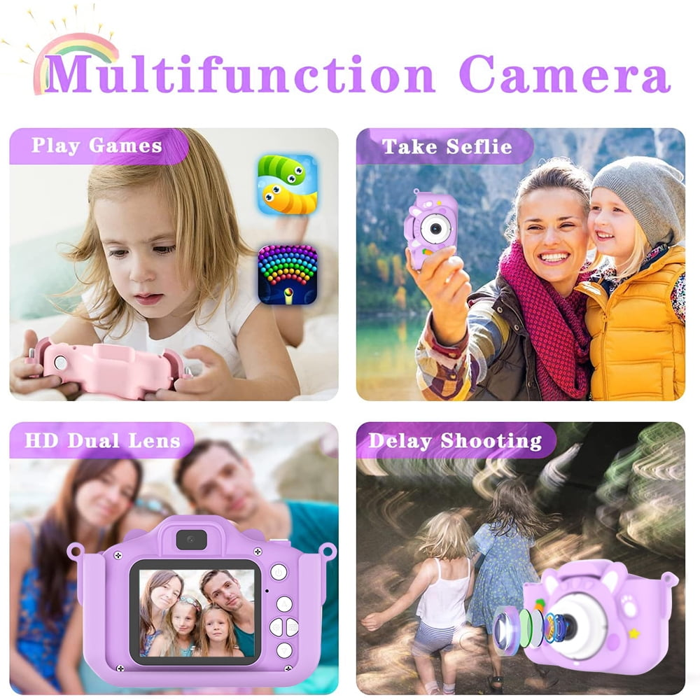 Vier Bilder, die eine Kinderkamera zeigen. Bilder zeigen Spiele spielen, Selfies machen und verzögertes Aufnehmen. Lila Kamera.