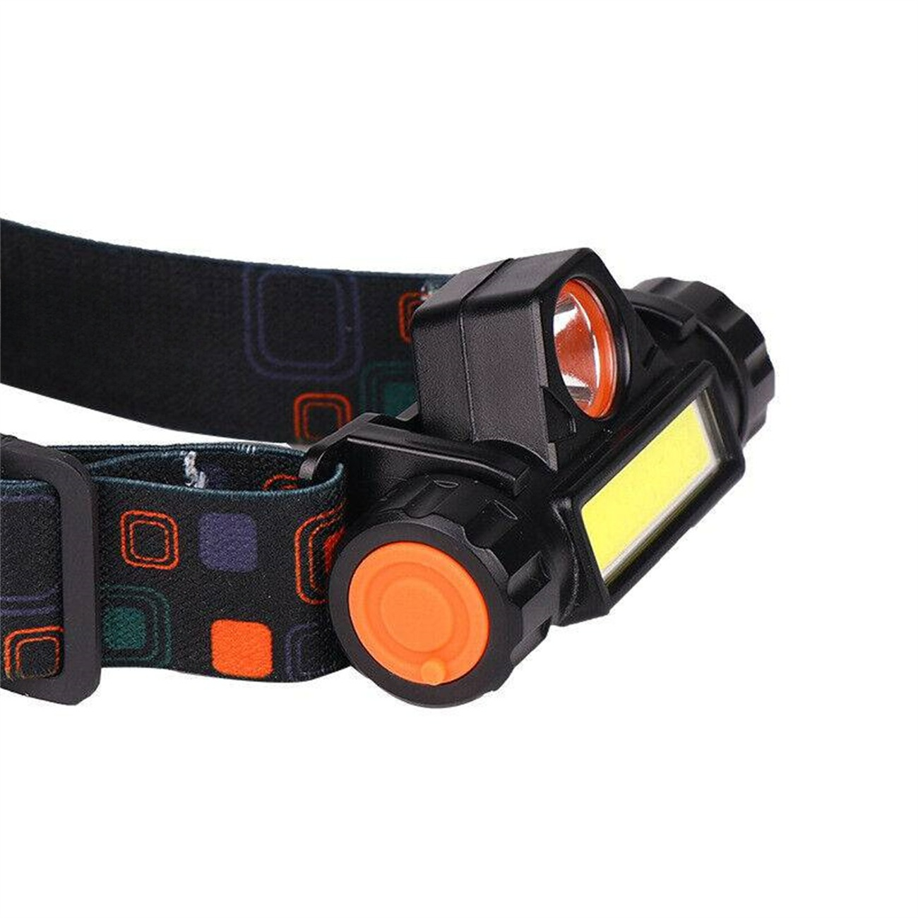 Schwarze Stirnlampe mit orangefarbenen Details an einem schwarzen und gemusterten Riemen. Weißer Hintergrund.