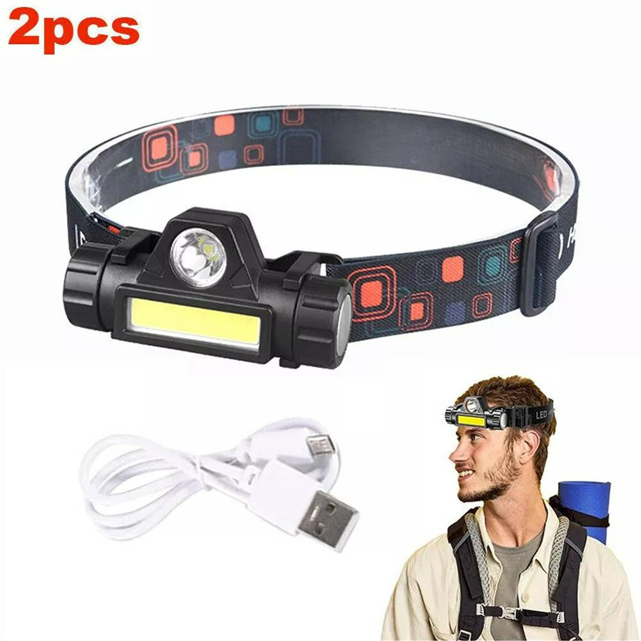 Scheinwerfer mit USB-Kabel. Schwarzer Scheinwerfer, weißes Kabel und ein Mann mit Rucksack, blaue Matte.