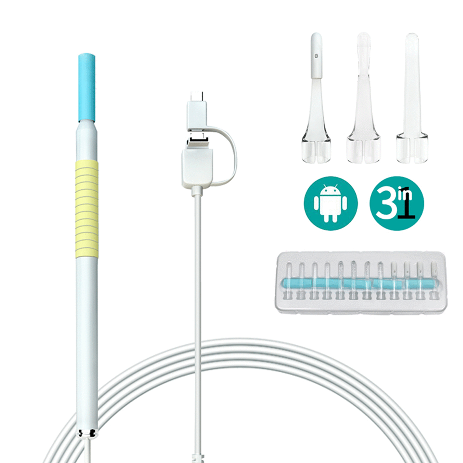 Medizinische Geräte-Kit mit Werkzeugen und einem weißen Kabel auf weißem Hintergrund.